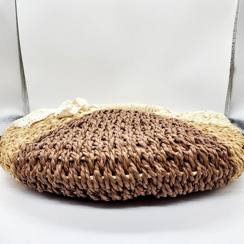 Convertible Brown Beige Colorblock Raffia Rattan Straw Handbag Purse Vacation - Picture 7 of 12